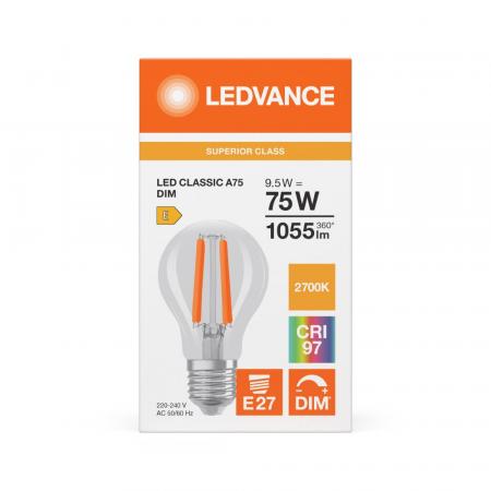 Ledvance E27 LED Lampe Classic dimmbar klar 9,5W wie 75W 2700K warmweißes Licht CRI97 sehr hohe Farbwiedergabe